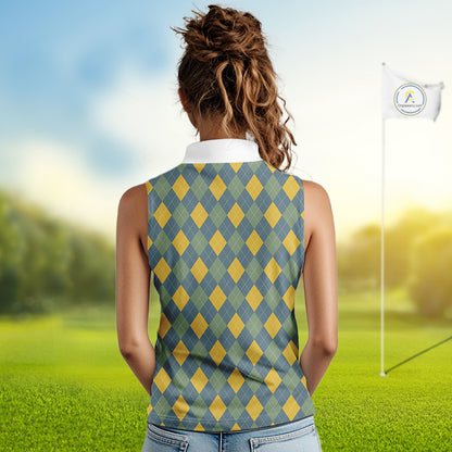 Sleeveless Golf Polo Shirts For Women Custom Argyle Plaid Pattern Golf Shirts, Gift For Golf Lovers NBT513
