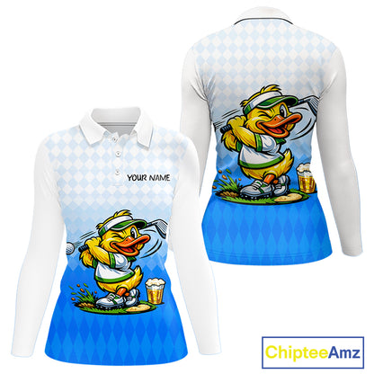 Funny Duck Golf Polo Shirt For Womens, Cute Duck With Beer Print Shirt, Sporty Animal Golf Gift|Blue NBT622