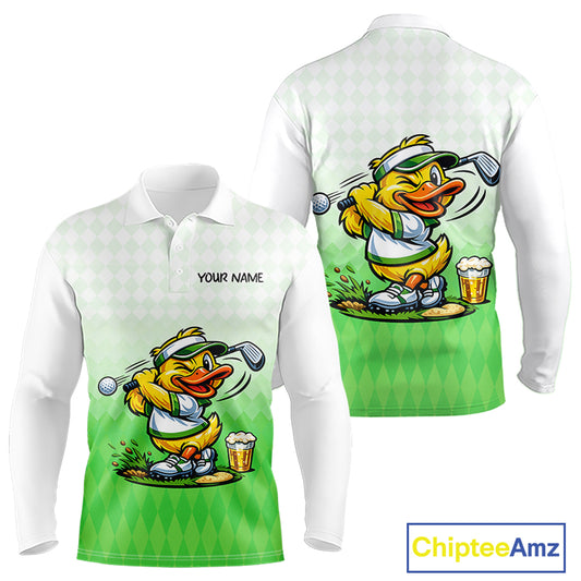 Funny Duck Golf Polo Shirt For Men, Cute Duck With Beer Print Shirt, Sporty Animal Golf Gift|Green NBT623