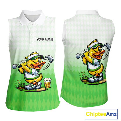 Funny Duck Sleeveless Golf Polo Shirt For Womens, Cute Duck With Beer Print Shirt, Sporty Animal Golf Gift|Green NBT623