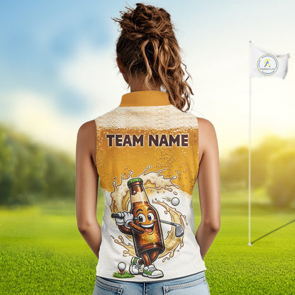 woman golfer wearing custom beer sleeveless golf polo shirt with team name for beer lovers