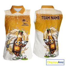 Load image into Gallery viewer, back view of beer bottle golfer design on womens beer sleeveless golf polo shirt