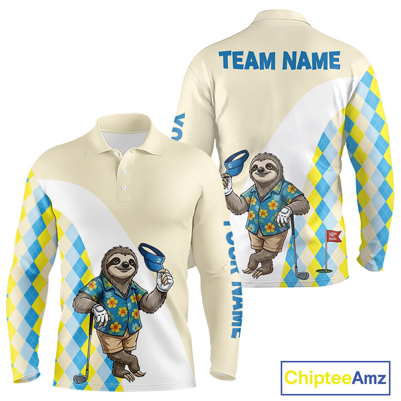 Funny sloth Hawaiian mens long sleeve golf polo shirt with argyle pattern - front view