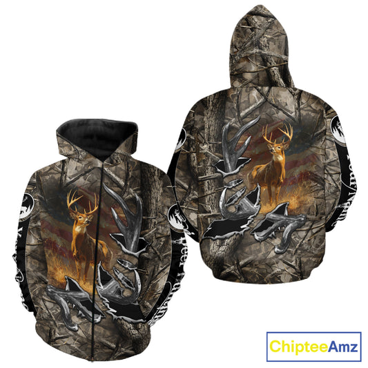 American Flag Camo Deer Hunting Shirts with Antler for Men, Hunting Gift Ideas for Hunters NBT46