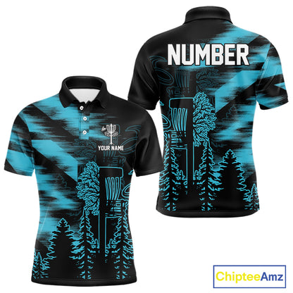 Mens Disc Golf Polo Shirt Custom Name Blue Disc Golf Basket, Personalized Disc Golf Shirts NBT646