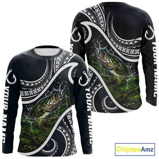 Front and back view of blue tribal pattern custom largemouth bass long sleeve fishing shirt