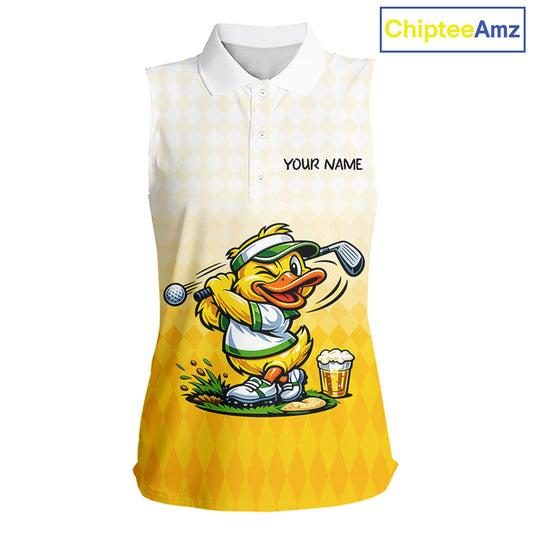 Funny Duck Sleeveless Golf Polo Shirt For Women, Cute Duck With Beer Print Shirt, Sporty Animal Golf Gift NBT516