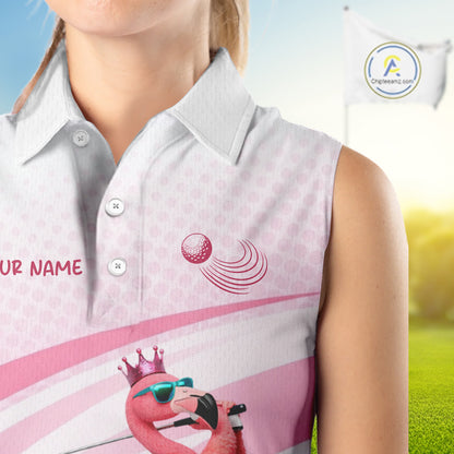 Funny Pink Flamingo Sleeveless Golf Polo Shirt For Women Custom Flamingo Golfer Pattern Golf Shirts, Golf Attire NBT518