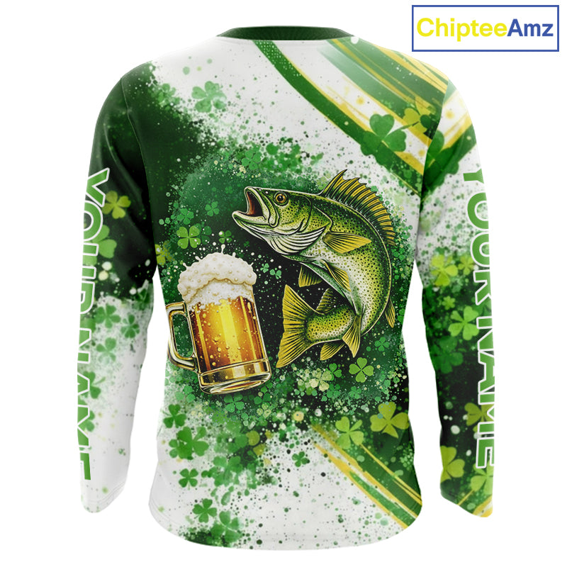 St Patrick Day Walleye Mens Long Sleeve Fishing Shirts UV Protetion, Walleye Fishing Shirts NBT384