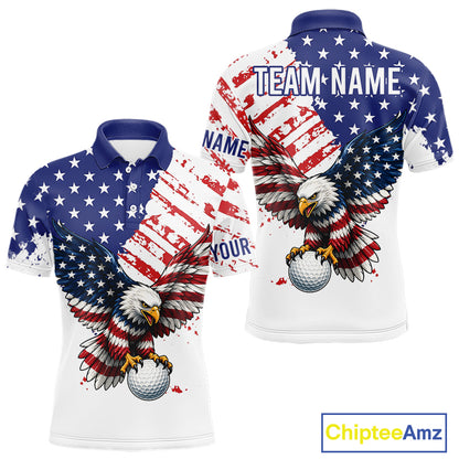 Polo shirt with American flag design and eagle holding a golf ball, customizable text on a white background.