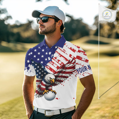 Man wearing a golf shirt with an American flag and eagle design on a golf course.