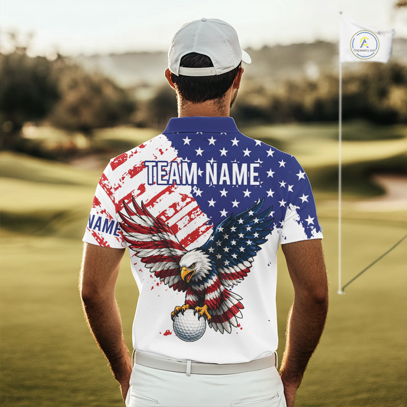Person wearing a patriotic golf shirt with an eagle design on a golf course
