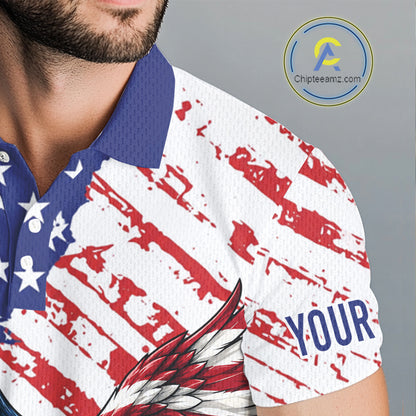 Close-up of a shirt with American flag design and 'YOUR NAME' text on a white background.