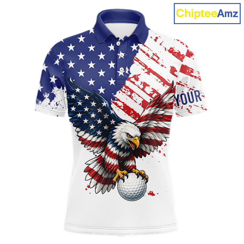 Polo shirt with American flag design and eagle holding a golf ball, branded 'ChipteeAmz'.