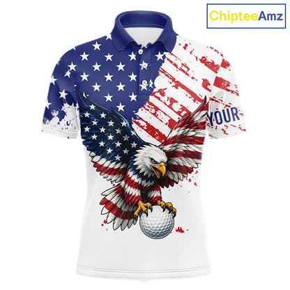 Polo shirt with American flag design and eagle holding a golf ball, branded 'ChipteeAmz'.
