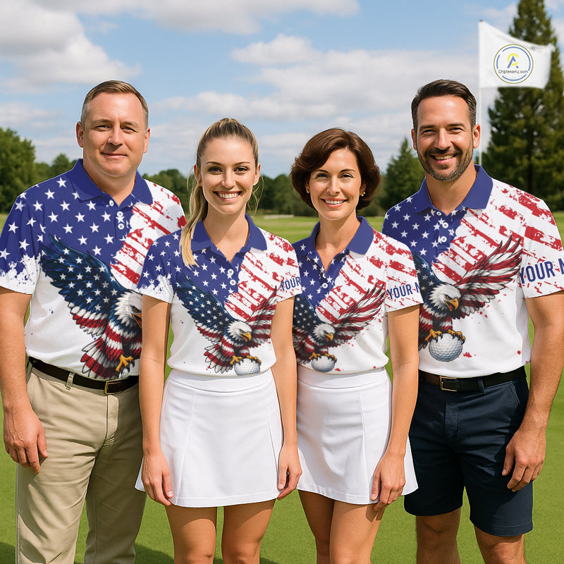 Four people wearing matching American flag-themed golf outfits on a golf course.
