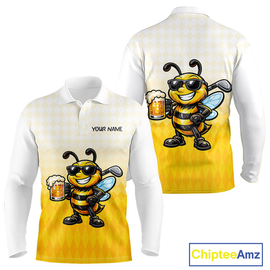 Funny Bee Golf Polo Shirt For Men, Cute Bee With Beer Print Shirt, Sporty Animal Golf Gift|Yellow NBT663