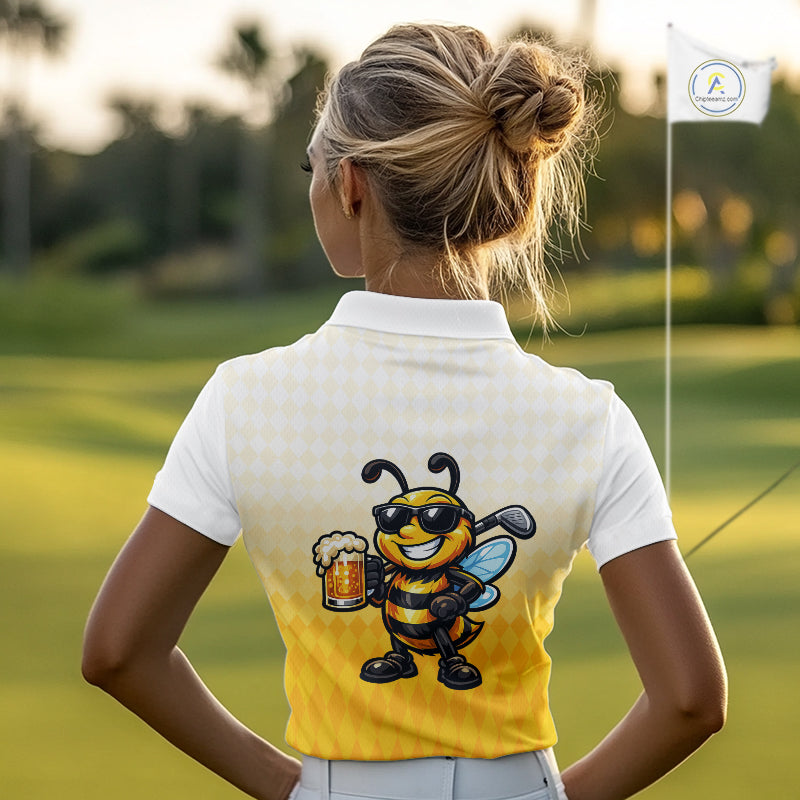 Funny Bee Golf Polo Shirt For Women, Cute Bee With Beer Print Shirt, Sporty Animal Golf Gift|Yellow NBT663