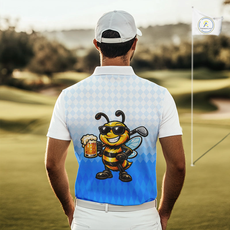 Funny Bee Golf Polo Shirt For Men, Cute Bee With Beer Print Shirt, Sporty Animal Golf Gift|Blue NBT664