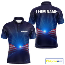 Load image into Gallery viewer, Navy blue polo shirt with American flag design on a white background,