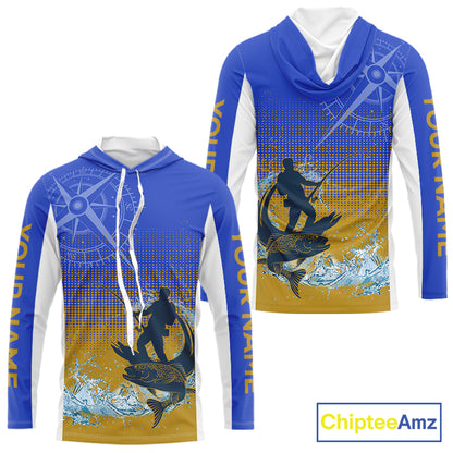 Trout Fishing Shirts Long Sleeve Fisherman Compass Blue And Yellow, Trout Fly Fishing Jerseys NBT389
