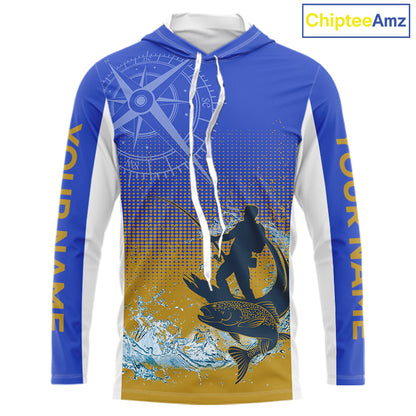 Trout Fishing Shirts Long Sleeve Fisherman Compass Blue And Yellow, Trout Fly Fishing Jerseys NBT389