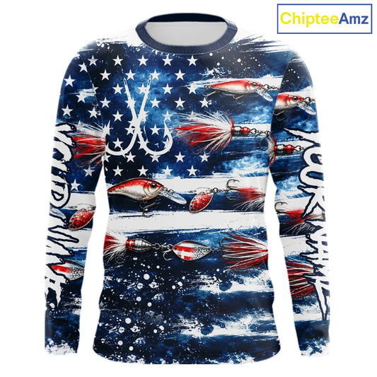 Fishing Lure American Flag Custom Long Sleeve Performance Fishing Shirts, Team Fishing Jerseys NBT940