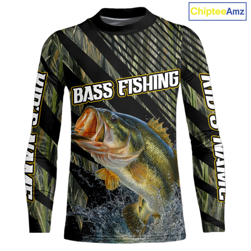 Personalized Reed Camo Bass Fishing Kid Long Sleeve Shirts, Custom Bass Tournament Jerseys|Green NBT347