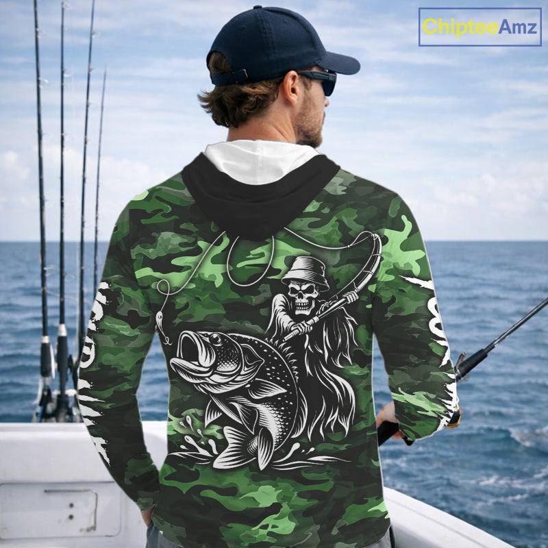 Reaper Fishing Largemouth Bass Long Sleeve Hooded Fishing Shirts Green Camo, Camo Fishing Shirt NBT392