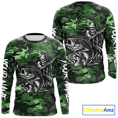 Reaper Fishing Largemouth Bass Long Sleeve Fishing Shirts Green Camo, Camo Fishing Shirt NBT392