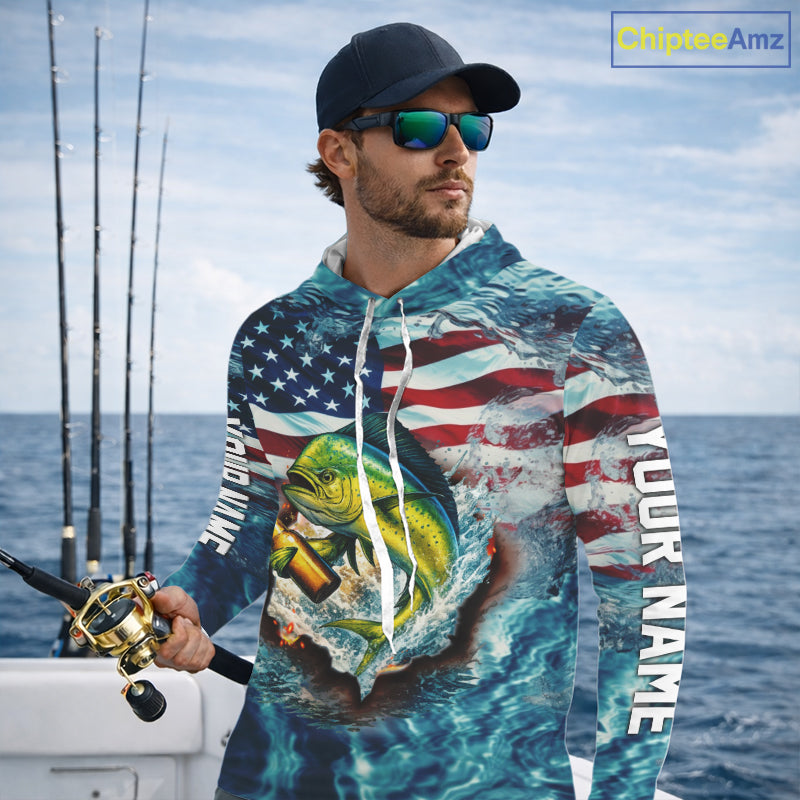 American Flag Mahi Mahi (Dorado) Fishing Custom Name Blue Water Camo Long Sleeve Hooded Fishing Shirt NBT689