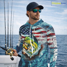 Load image into Gallery viewer, American Flag Mahi Mahi (Dorado) Fishing Custom Name Blue Water Camo Long Sleeve Hooded Fishing Shirt NBT689