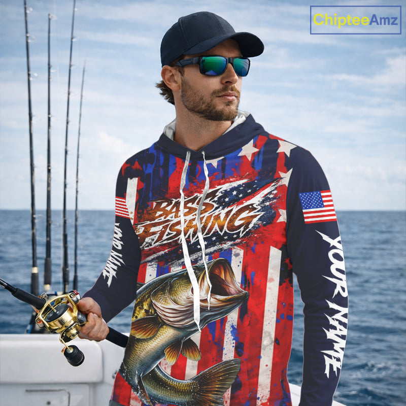 American Flag Bass Long Sleeve Hooded Fishing Shirts, Bass Fishing Tournament Shirts, Bass Fishing Shirts NBT432