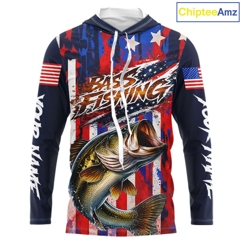 American Flag Bass Long Sleeve Hooded Fishing Shirts, Bass Fishing Tournament Shirts, Bass Fishing Shirts NBT432