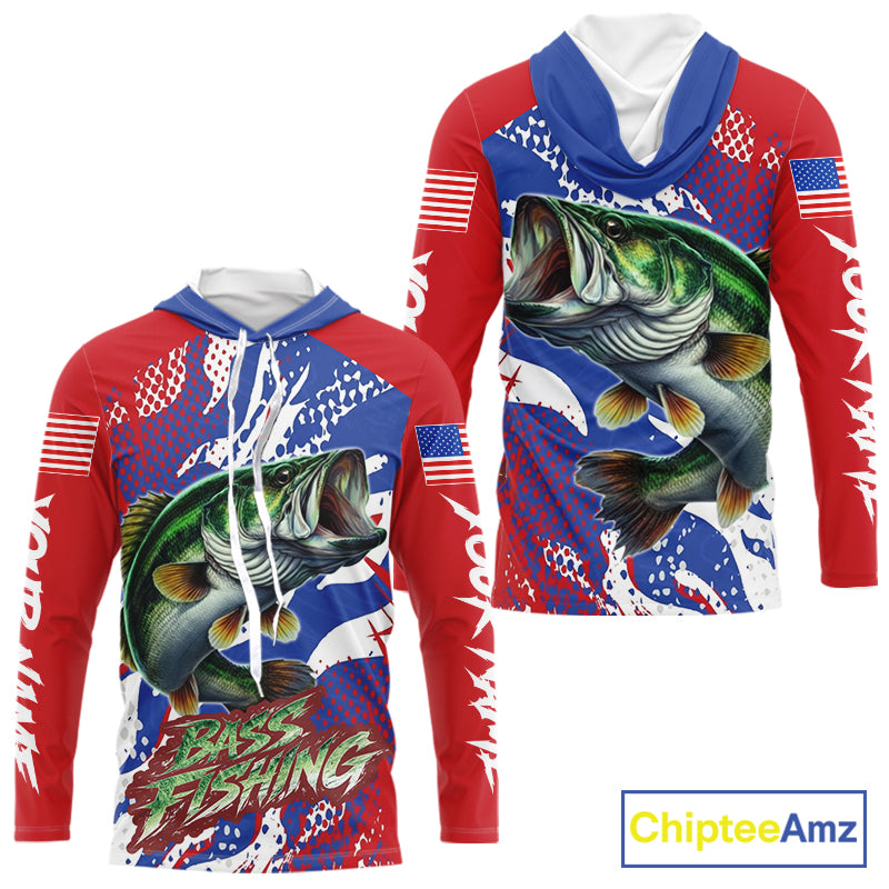 Bass Fishing American Flag Long Sleeve Hooded Fishing Shirts, Bass Fishing Shirts For Men, UPF Fishing Shirts NBT436