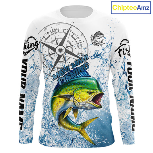 Custom Mahi Mahi Long Sleeve Fishing Shirts Saltwater Fish, Compass Offshore Tournament Fishing Shirts NBT552