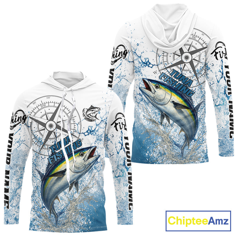 Custom Yellowfin Tuna Long Sleeve Hooded Fishing Shirts Saltwater Fish, Compass Offshore Tournament Fishing Shirts NBT553