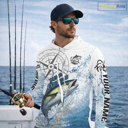 Custom Yellowfin Tuna Long Sleeve Hooded Fishing Shirts Saltwater Fish, Compass Offshore Tournament Fishing Shirts NBT553