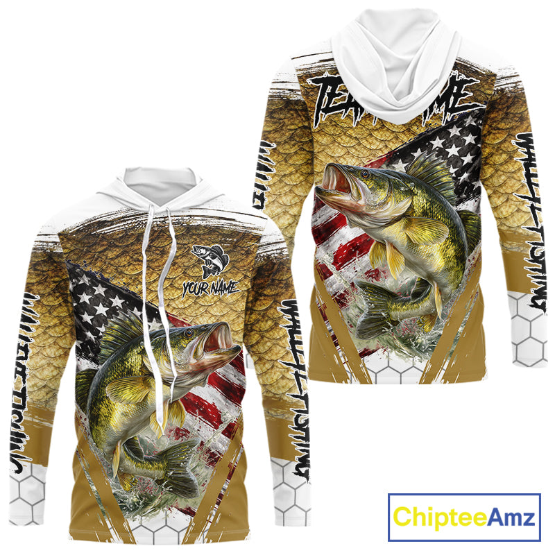 American Flag Walleye Long Sleeve Hooded Fishing Shirts Fish Scale, Custom Patriotric Walleye Fishing Shirts NBT394