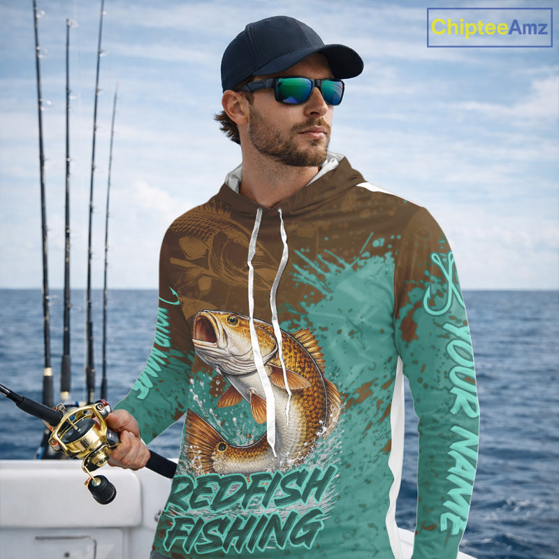 Personalized Redfish Long Sleeve Hooded Fishing Shirts Brown Turquoise Camo, Redfish Fishing Shirts For Men NBT396
