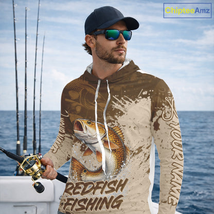 Personalized Redfish Long Sleeve Hooded Fishing Shirts Brown Camo, Redfish Fishing Shirts For Men NBT397