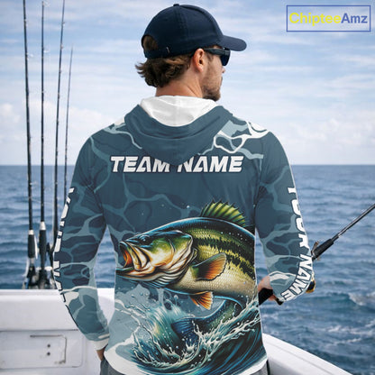 Custom Largemouth Bass Long Sleeve Hooded Tournament Fishing Shirts, Team Bass Fishing Jerseys NBT696
