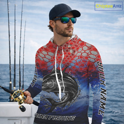 Custom Red Blue Tuna Fishing Long Sleeve Hooded Fishing Shirts, Saltwater Offshore Fishing Shirts NBT399