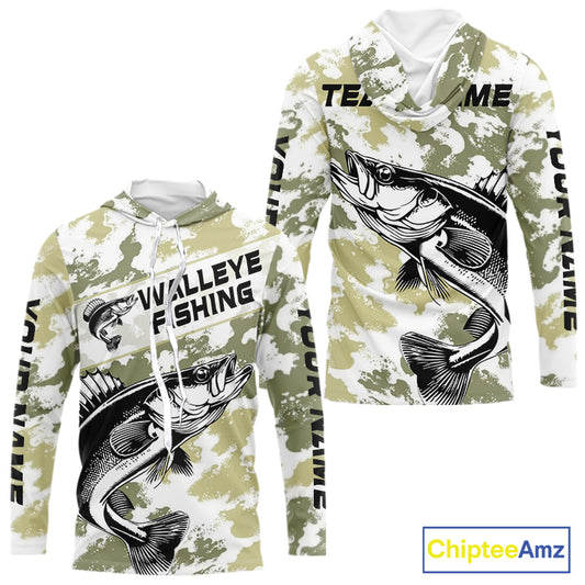 Custom Walleye Fishing Camo Long Sleeve Hooded Fishing Shirts, Personalized Walleye Fishing Team Jerseys NBT697