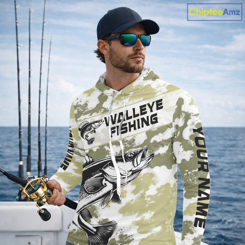 Custom Walleye Fishing Camo Long Sleeve Hooded Fishing Shirts, Personalized Walleye Fishing Team Jerseys NBT697