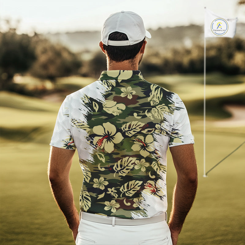 Green Camo Tropical Pattern Mens Golf Polo Shirts Custom Golf Outfit, Team Golf Shirt NBT698