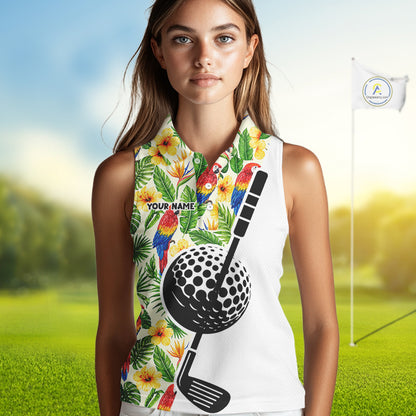 Funny Tropical Parrot And Golf Pattern Womens Sleeveless Polo Golf Shirts Custom Golf Team Shirts Golfer Outfit, Golf Gifts NBT700