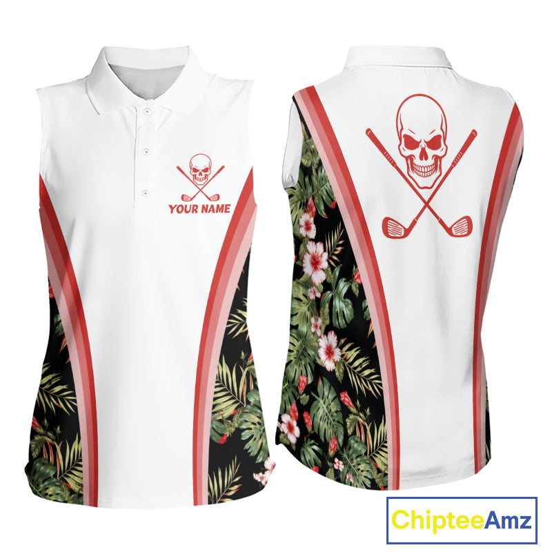 Custom Womens Sleeveless Golf Polo Shirts Funny Tropical Leaf Cross Skull Golf Clubs White Golf Shirt|Red NBT704
