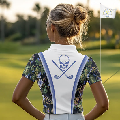 Custom Womens Golf Polo Shirts Funny Tropical Leaf Cross Skull Golf Clubs White Golf Shirt|Blue NBT705