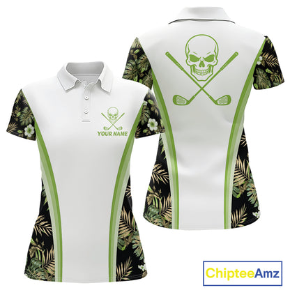 Custom Womens Golf Polo Shirts Funny Tropical Leaf Cross Skull Golf Clubs White Golf Shirt|Green NBT706